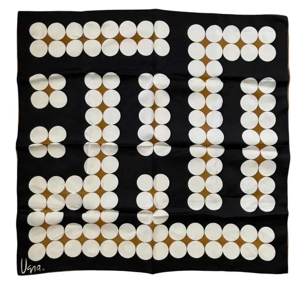 Vera Neumann Mod Silk Blend Polka Dot Square Scarf Black Gold Handcrafted Japan